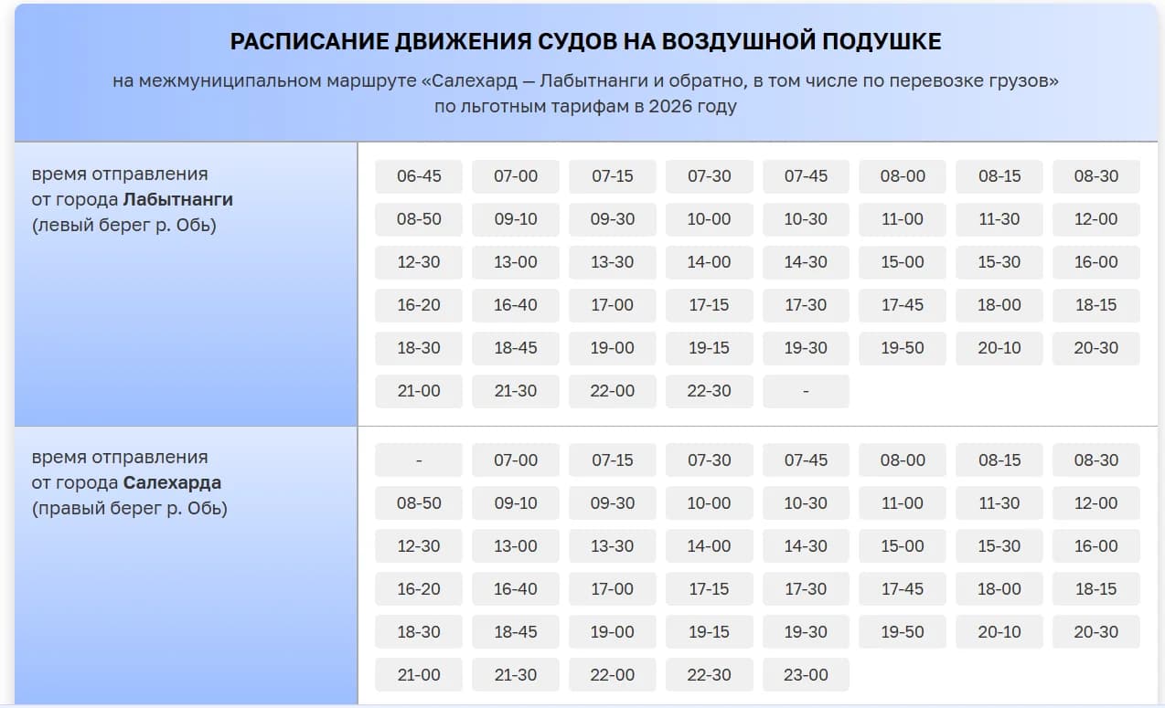 Расписание «подушек» на переправе через Обь