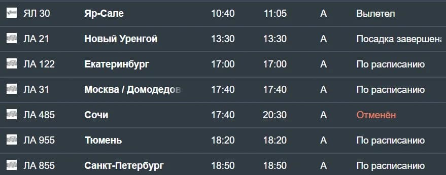 Информация онлайн-табло в Салехарде 8 мая